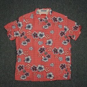 Tommy Bahama Shirt Mens Medium Red Floral Island Modern Fit Silk Blend Button